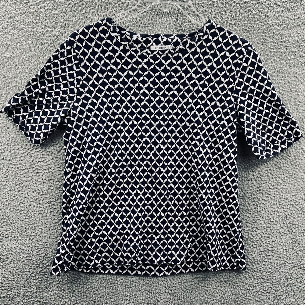 Chicos Womens Minimalist Top L Navy Geometric Casual‎ Coastal Timeless Capsule